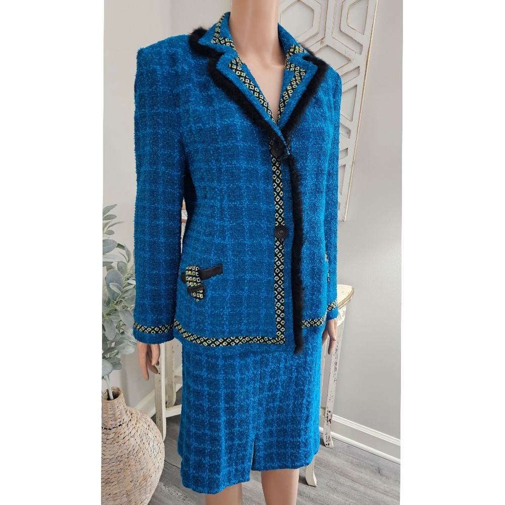 Vintage CanvasBacks Turquoise & Royal Blue Tweed Feather Fringe Blazer Skirt Set